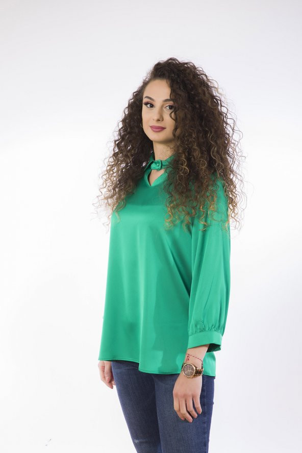 Lamia Donna İpek Saten Yeşil Bluz