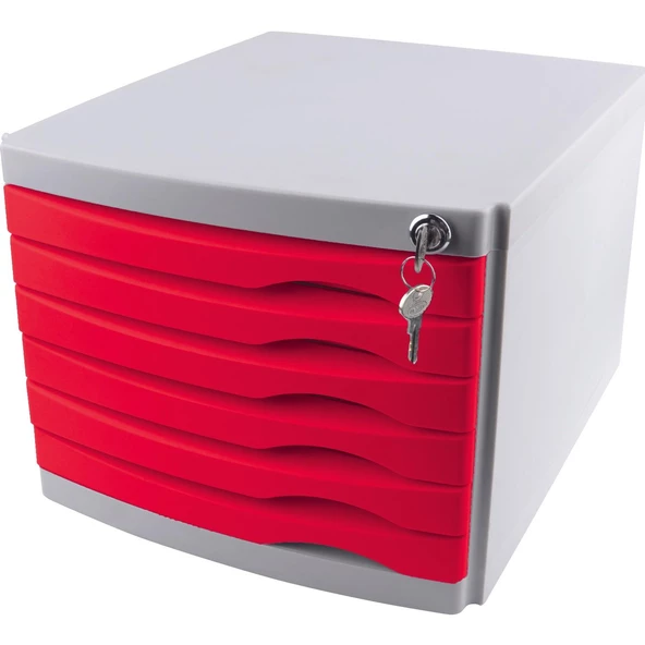 Ops Evrak Rafı Çekmeceli Plastik Kilitli 6 Lı Kırmızı Kilitli Çekmeceli Evrak Rafı
