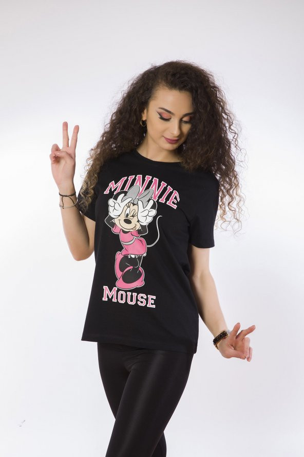 Lamia Donna Minnie Mouse Baskılı Siyah T-Shirt