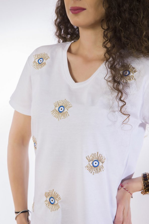 Lamia Donna Nazar Boncuğu Baskılı Beyaz T-Shirt - 4