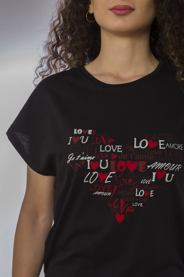 Lamia Donna Özel Love Baskılı Siyah T-Shirt - 4