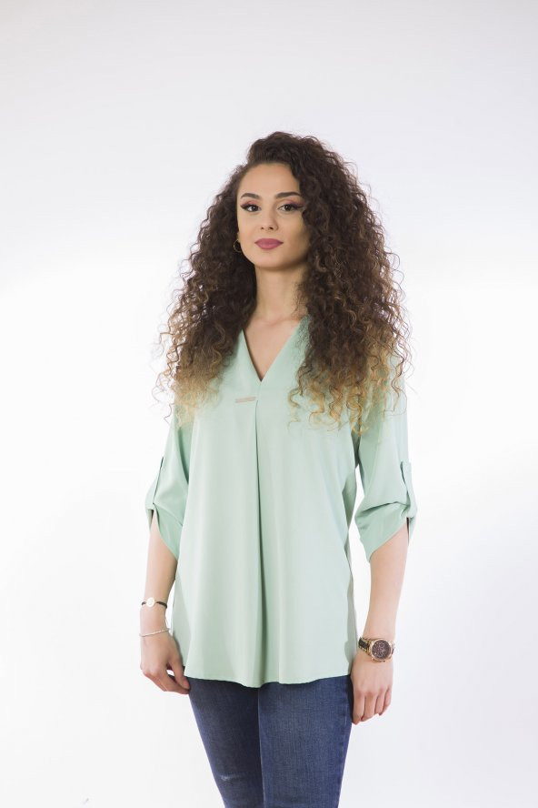 Lamia Donna Plakalı Oversize Mint Bluz
