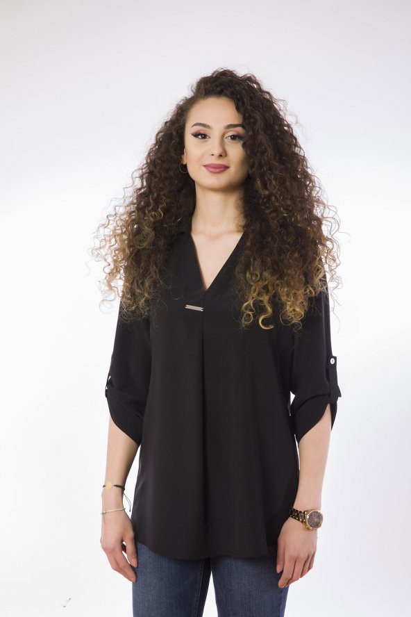 Lamia Donna Plakalı Oversize Siyah Bluz