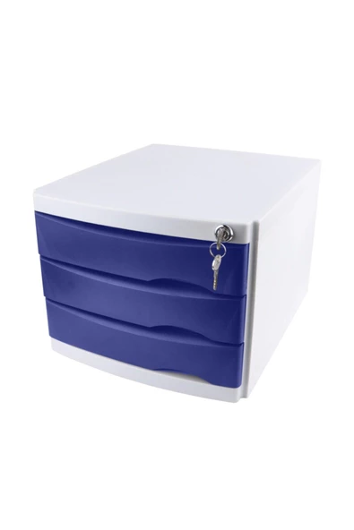 Ops Evrak Rafı Çekmeceli Plastik Kilitli 3 Lü Mavi Evrak Çekmecesi Kilitli
