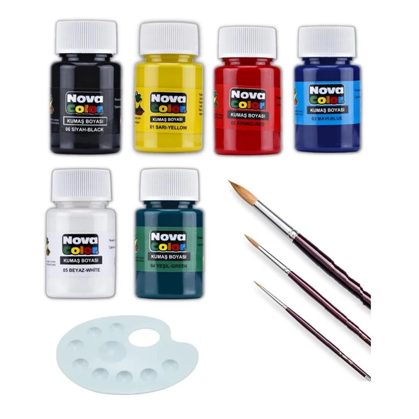 Kumaş Boyası 6 Ana Renk 30 Ml Resim Paleti ve 3 Adet Fırça Tişört Çanta Tekstil Boyası 30 ml 1 Paket