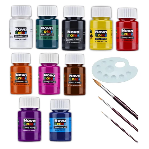 Kumaş Boyası 10 Renk 30 Ml Resim Paleti ve 3 Adet Fırça Tişört Çanta Tekstil Boyası 30 ml 1 Paket