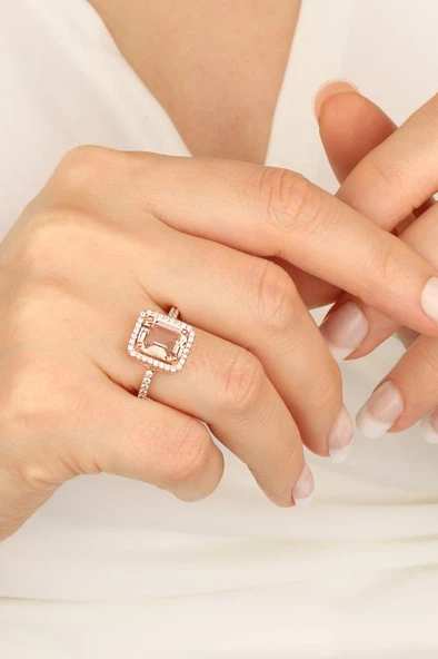 Pembe Swarovski Taşlı Gümüş Yüzük - 5