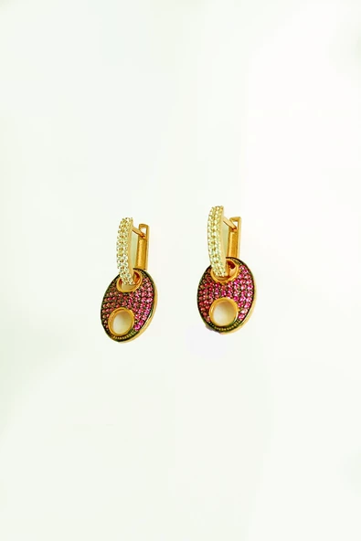 Pembe Taşlı Düğme Gümüş Küpe - 4