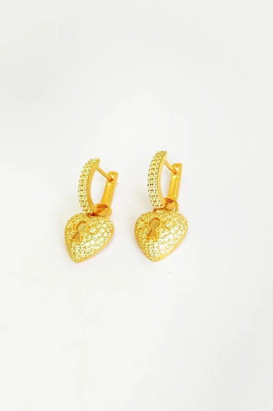 Zirkon Taşlı Kilit Kalp Gümüş Küpesi - 3