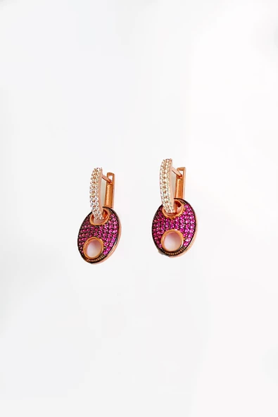 Pembe Taşlı Düğme Gümüş Küpe - 3