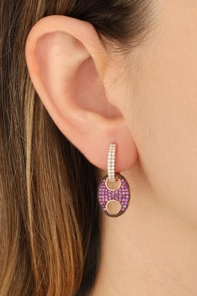 Pembe Taşlı Düğme Gümüş Küpe