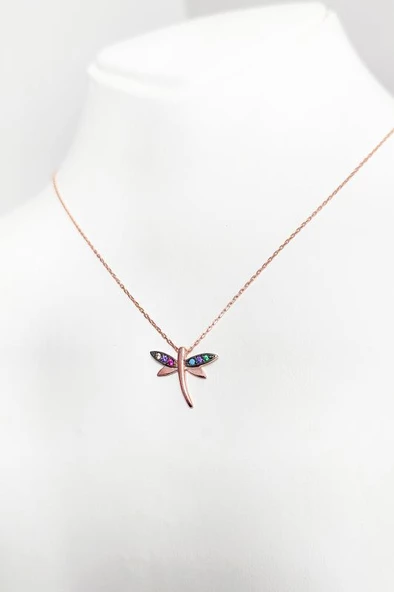 Renkli Taşlı Yusufçuk Gümüş Kolye - Resim 2