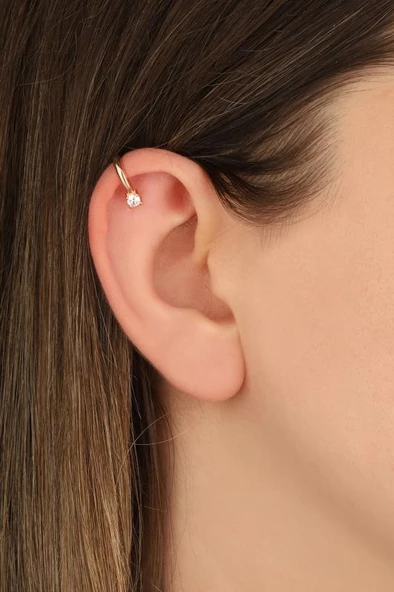 Tek Taşlı Gümüş Earcuf Küpe - 2