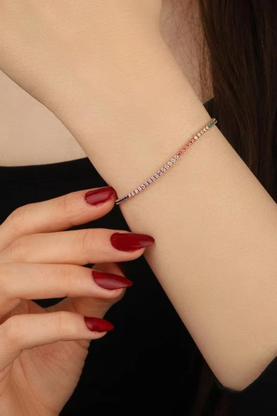 1,5 mm Renkli Taşlı Su Yolu Gümüş Bileklik - 4