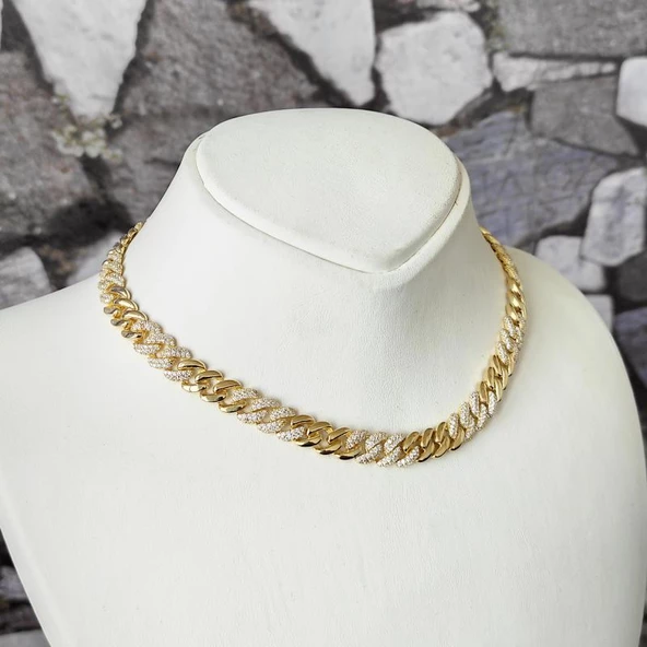 Kalın Gurmet Zincir Yarısı Taşlı Yarısı Taşsız Gümüş Choker Kolye - 3