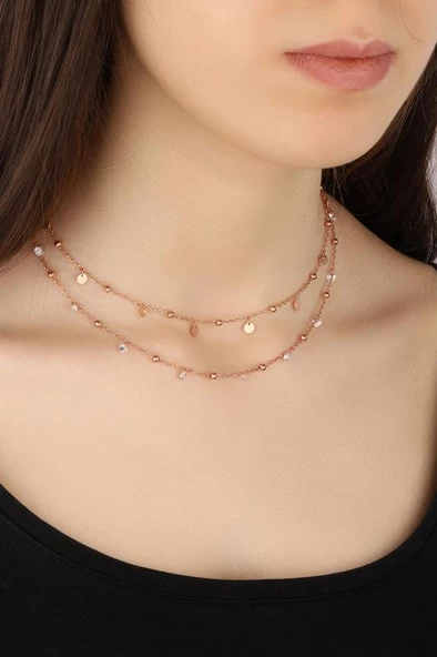 Sarkık Pullu Taşlı 2’li Gümüş Choker Kolye