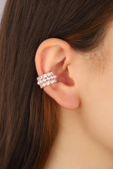 İncili Gümüş Kalın Kıkırdak Küpe