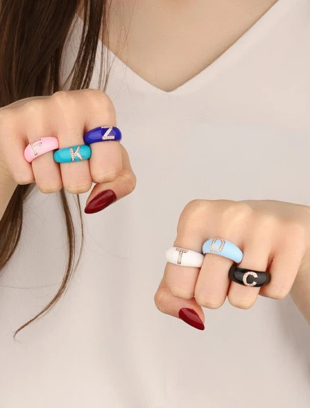 Açık Pembe Mineli Gümüş Harf Yüzük - 6