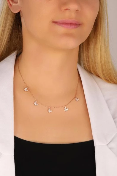 Sallantılı Beyaz Taşlı 5 Kelebek Gümüş Kolye