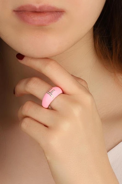 Açık Pembe Mineli Gümüş Harf Yüzük - 5