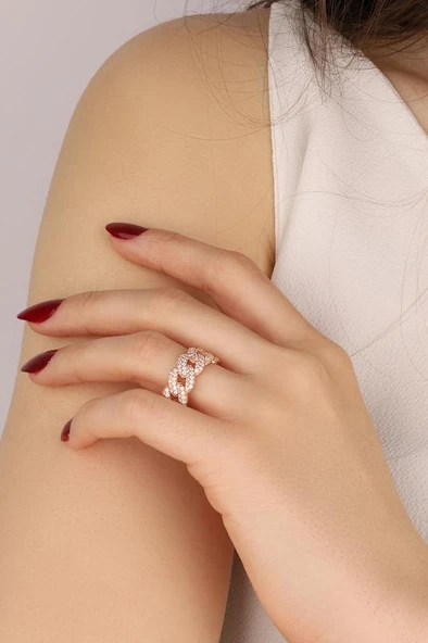 Gurmet Zincir Modeli Taşlı Gümüş Yüzük - 5