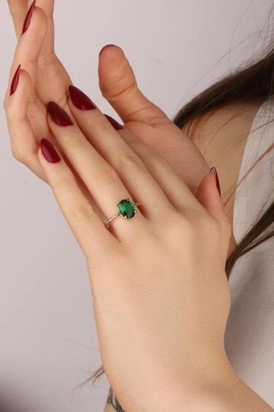 Yeşil Renk Doğal Taşlı Gümüş Yüzük