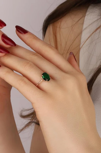 Yeşil Renk Doğal Taşlı Gümüş Yüzük - 5