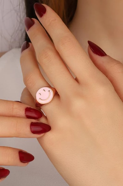 Pembe Mineli Gülen Emojili Gümüş Yüzük - 5