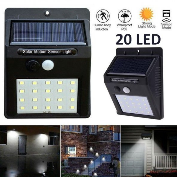 Hareket Sensörlü 20 Ledli Güneş Enerjili Solar Duvar Kapı Kamp Bahçe Lambası Fotoselli Projektör