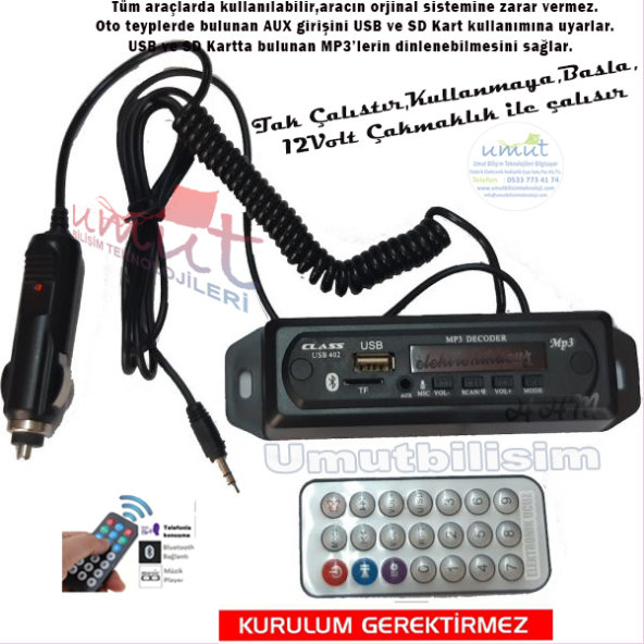 Class USB402 Oto Bluetooth Aux Çevirici Modül Usb,TF Kart ,Konuşma Özellikli Mikrofonlu Üründür