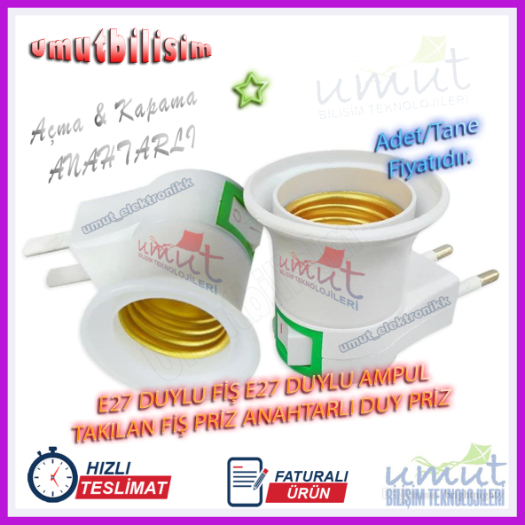 220 VOLT AÇMA KAPAMA ANAHTARLI DUY - E27 DUYLU FİŞ E27 DUYLU AMPUL TAKILABİLEN FİŞ PRİZ - 8