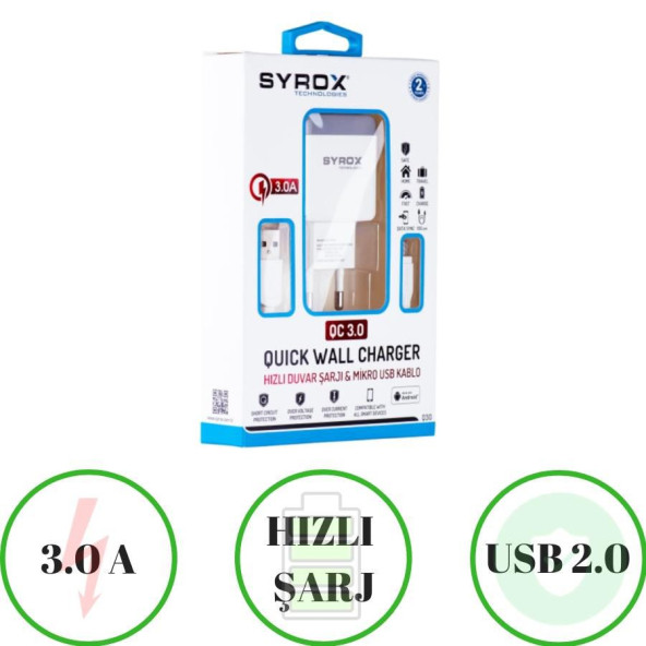 Syrox Note 45  S6 S7 uyumlu Quıck Charging Set  3.0A-Usb 3.0 Yeni Micro Mikro Şarj Cihazı Aleti-SYX-Q30