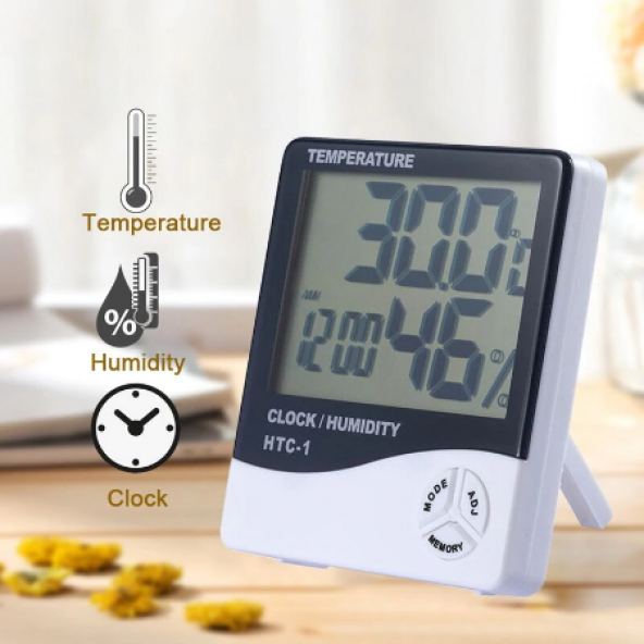 Masaüstü Dijital Termometre Nem Ölçer Saatli HTC-1 Pilli Termometre Sıcak  ve Nem Ölçer