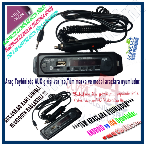 Class 402 Araç Oto Teyp Aux , Usb , Sd Çevirici Dönüştürücü ve Bluetoothlu Mikrofonlu YENİ ÜRÜNDÜR!!