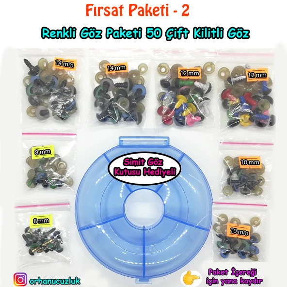 Amigurumi Kilitli Göz Seti Renkli ( 50 Çift ) - Kutu Hediyeli