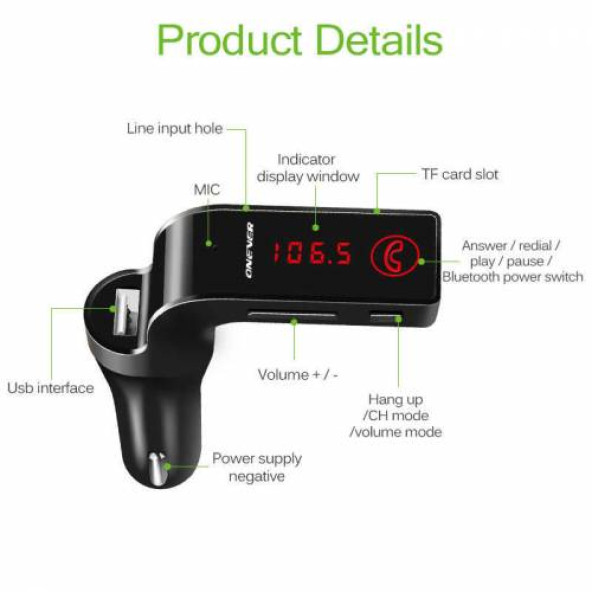 2024 Yeni Model Bluetooth 4.1 Araç Kiti Car G7 Fm Transmitter Çakmaklık Girişli Mp3 Çalar Usb Aux - 4
