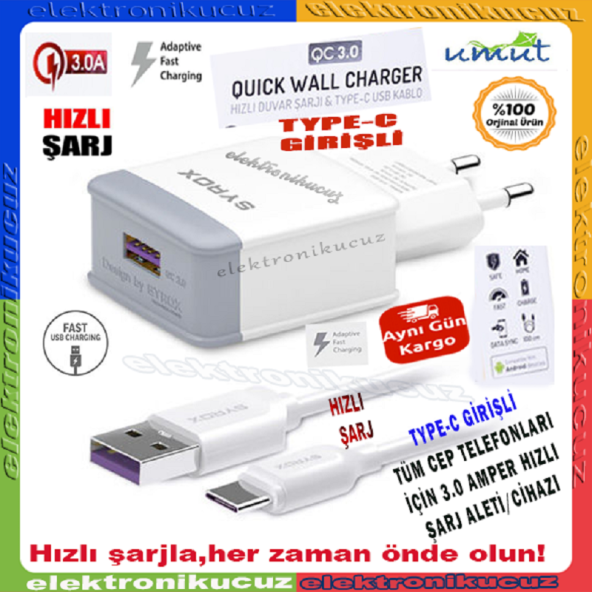 Type-C Quick HIzlı Şarj Aleti Type-C kablolu Şarj Cihazı 3.0 Amper Q32 SYROX