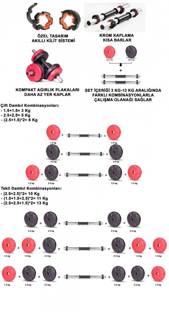 Ecgspor 16 Kg Dambıl Seti Kırmızı-Siyah 6 In 1 Fitness Set - 3