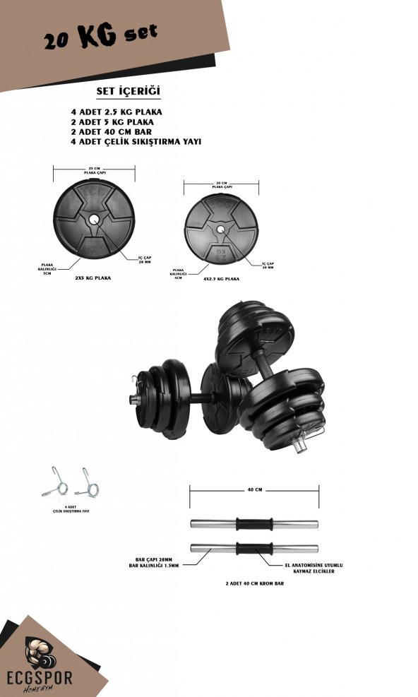 Ecgspor Hero Serisi 20 Kg Dambıl Seti Ve Ağırlık Seti Vücut Geliştirme Aleti - 2