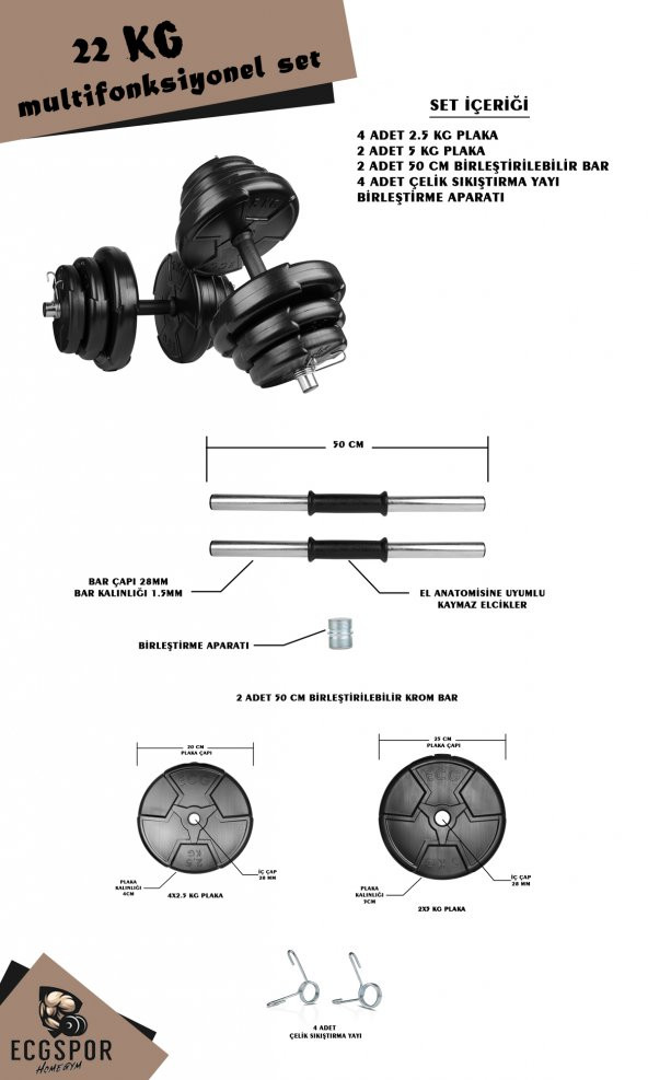 Ecgspor HERO Serisi 22 KG Multifonksiyonel HSeti ve Dambıl Seti Ağırlık Fitness Seti - 2