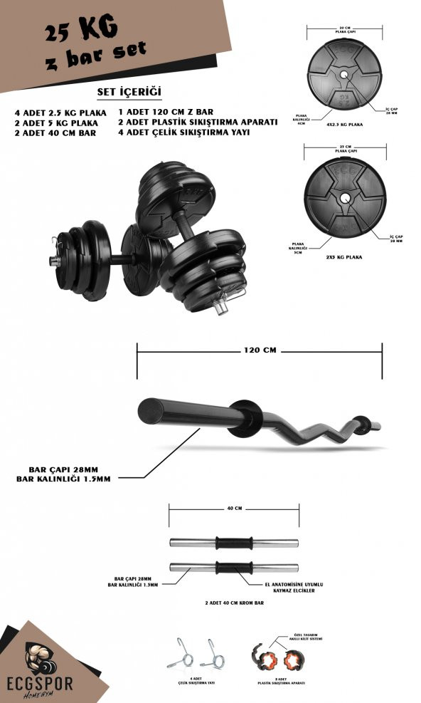 Ecgspor HERO Serisi 25 KG Z BAR Dambıl Seti ve Fitness Ağırlık Seti - 2