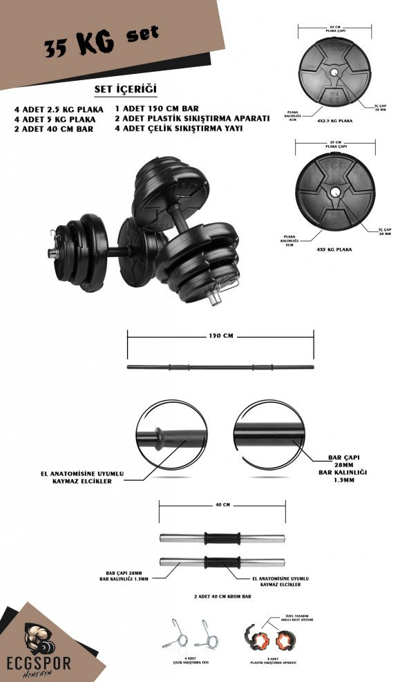 Ecgspor HERO Serisi 35 KG Dambıl Seti ve Halter Seti Ağırlık Fitness Seti - 2