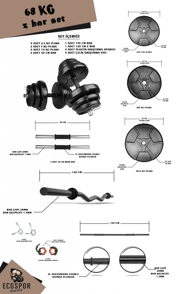 Ecgspor HERO Serisi 68 KG Z BAR Dambıl Seti ve Fitness Ağırlık Seti - 2