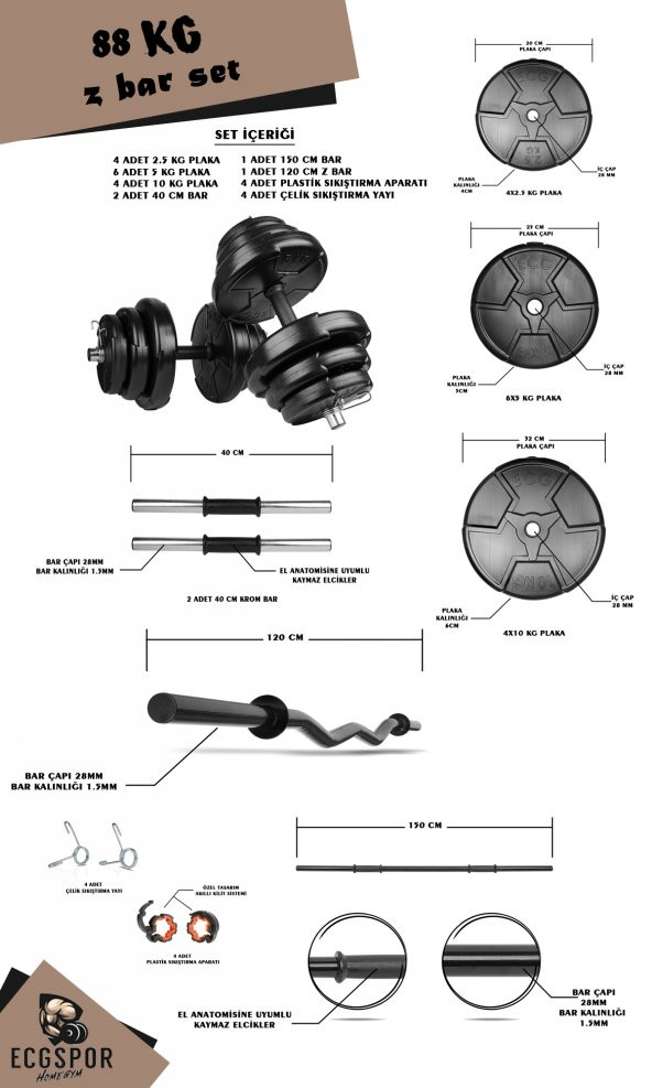 Ecgspor HERO Serisi 88 KG Z BAR Dambıl Seti ve Fitness Ağırlık Seti - 2