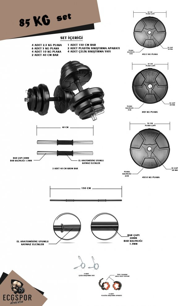 Ecgspor HERO Serisi 85 KG Dambıl Seti ve Halter Seti Ağırlık Fitness Seti - 2