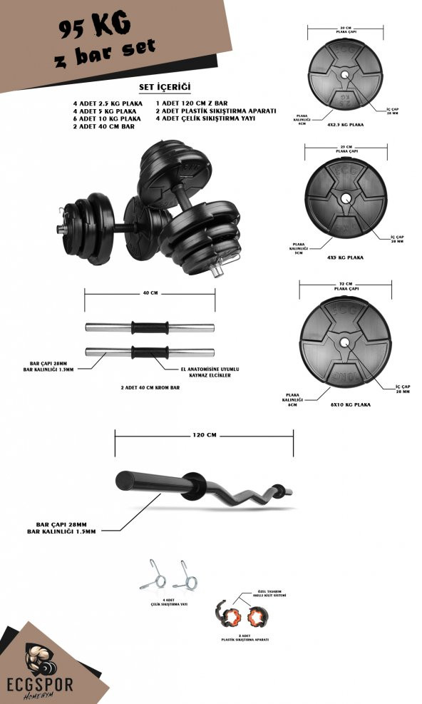 Ecgspor HERO Serisi 95 KG Z BAR Dambıl Seti ve Fitness Ağırlık Seti - 2