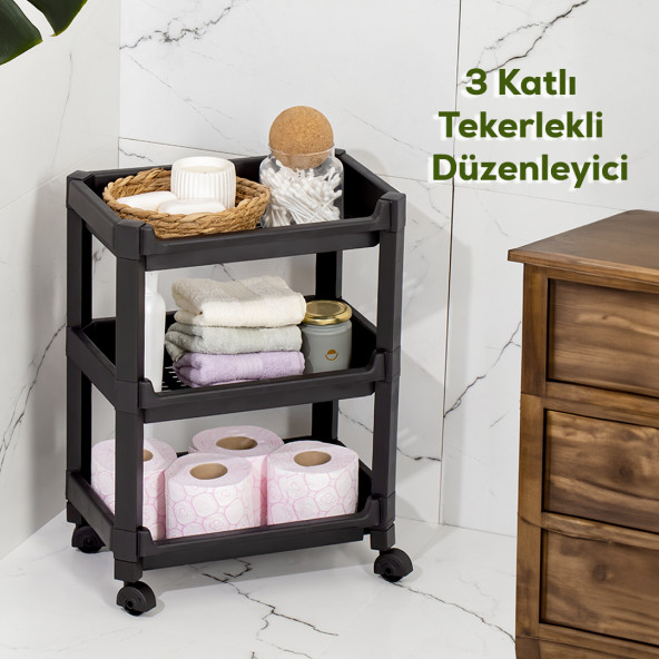 Porsima RAFTY-73-ECO-1 Tekerlekli 4 Katlı Düzenleyici - 35,5 x 22 x 48 cm Hareketli Geniş Raf - Siyah