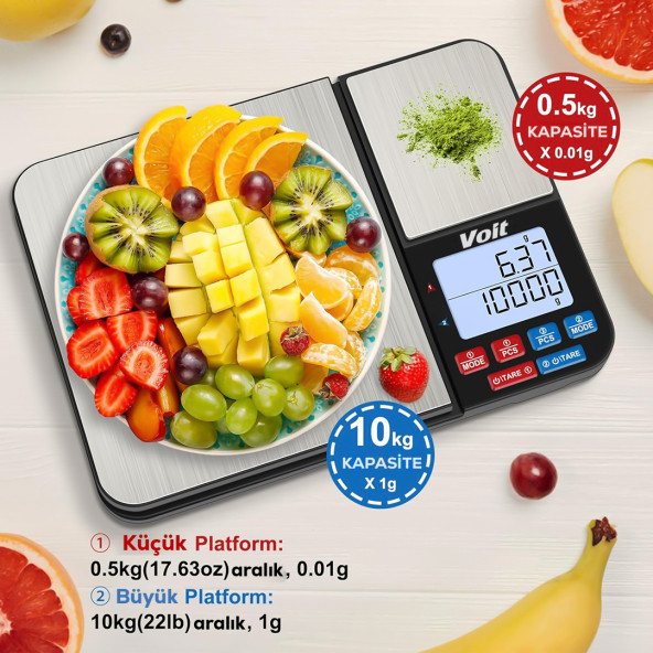 Voit Sc21 Hassas Mutfak Terazisi-Paslanmaz Çelik Mutfak Ölçüm Tartısı 10Kg/0,5Kg & 1G/0,01G
