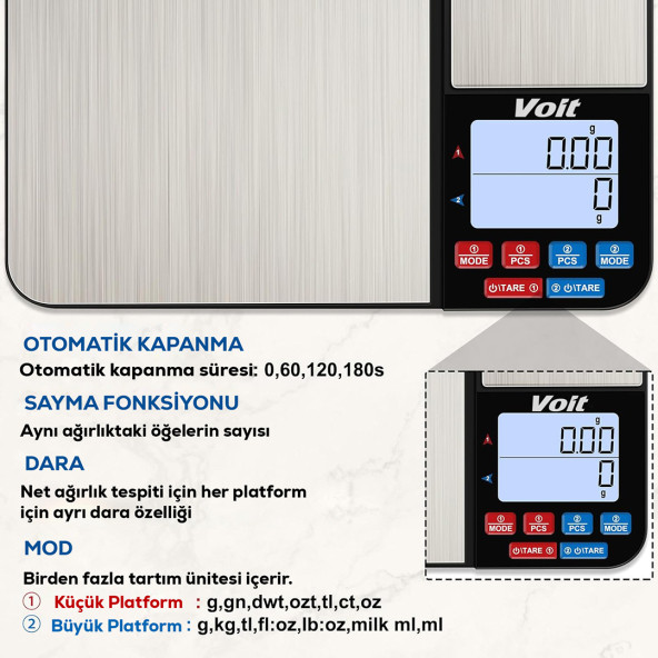 Voit Sc21 Hassas Mutfak Terazisi-Paslanmaz Çelik Mutfak Ölçüm Tartısı 10Kg/0,5Kg & 1G/0,01G - 2