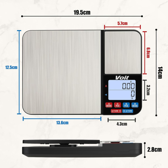 Voit Sc21 Hassas Mutfak Terazisi-Paslanmaz Çelik Mutfak Ölçüm Tartısı 10Kg/0,5Kg & 1G/0,01G - 3
